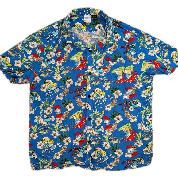The Smurfs Men’s Hawaiian Shirt XL Blue Floral Button Front Cartoon Retro Print - Picture 1 of 10